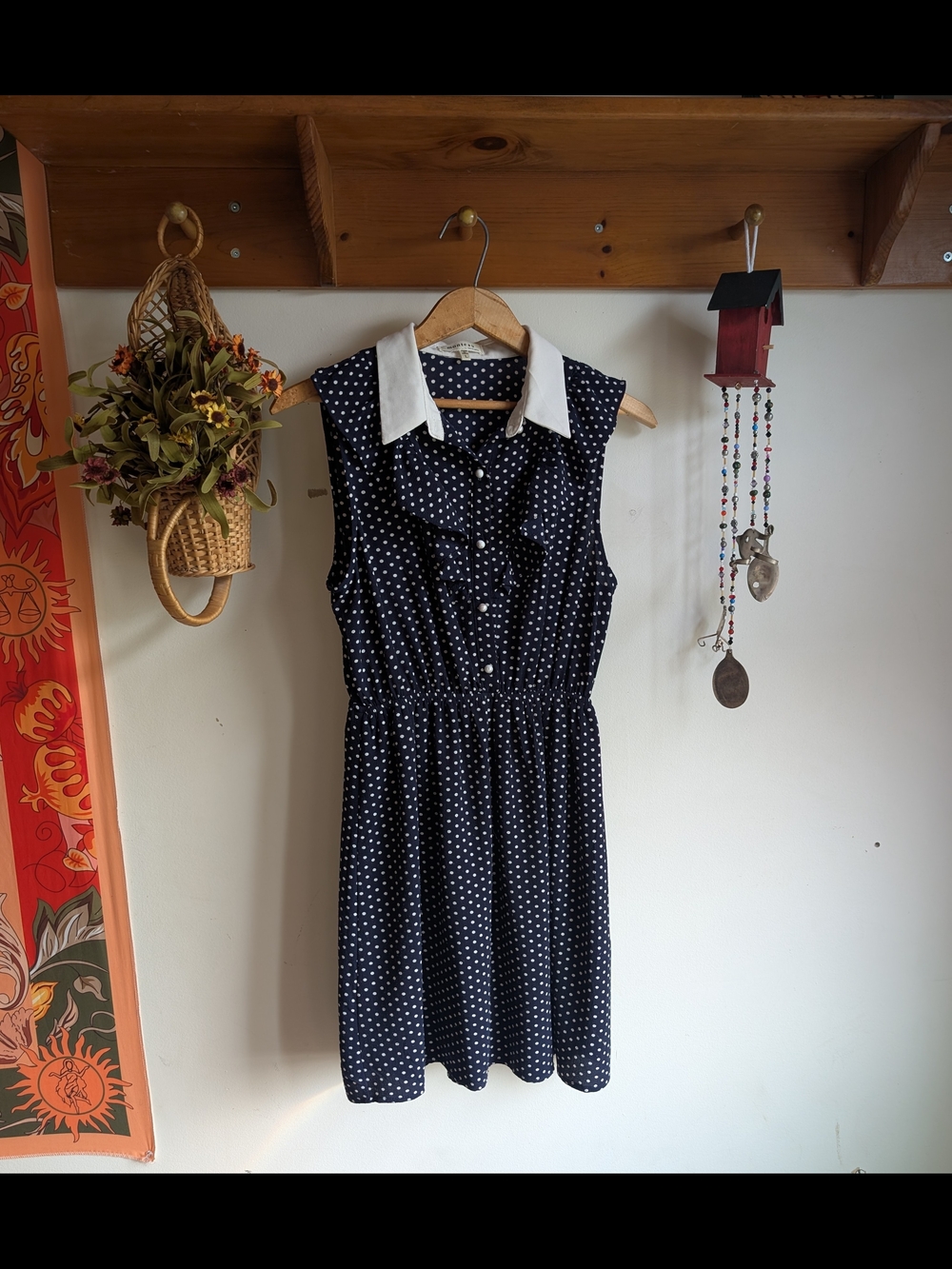 Monteau Navy Polka Dot Sleeveless Dress with White Collar